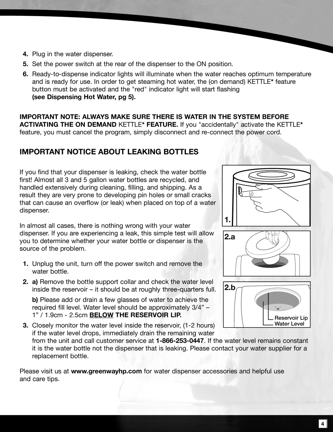 Polar PWD2635W-1 manual IMPORTANT NOTICE ABout leaking bottles, See Dispensing Hot Water, pg 